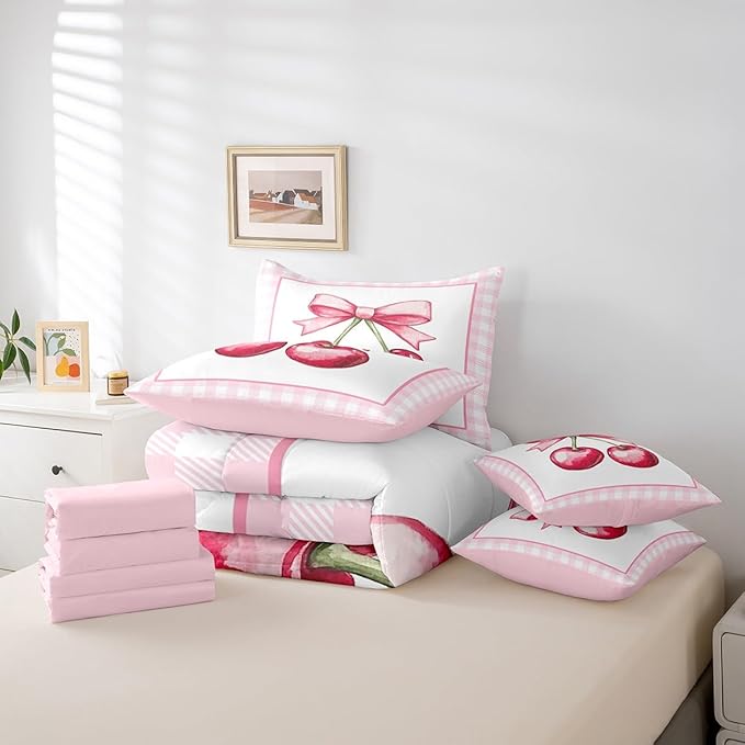 7 Pieces Cherry Bowknot Kids Comforter King,Geometric Plaids Grids Patchwork Fashion Bedding Set,Bow Tie Princess Dreamy Pink Cute（Comforter+Fitted+Flat Sheet+2 Pillowcases+2 Throw Pillow Covers）