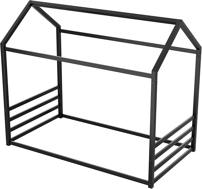 Harper & Bright Designs Full Size Montessori Floor Bed for Children, Metal House Bed Frame with Roof and Fence, Kids Floor Bed Frame for Boys Girls, Easy Assemble, No Slats,Black
