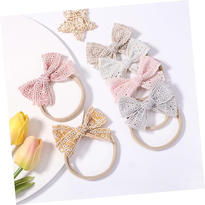 6 Pcs Headbands with Lace Bow Elastic Hairbands for Newborn Soft Nylon Hair Bows for Birthday Shower Photography Props