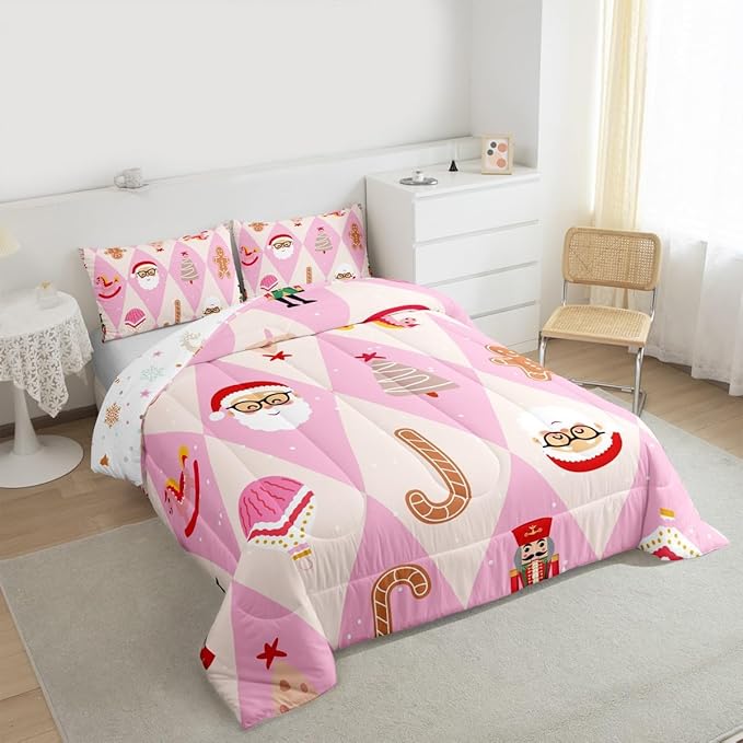 Feelyou Pink Christmas Kids Comforter Set King Size Santa Claus Bedding Set Xmas Tree Nutcracker Soldier Duvet Quilt for Kids Boys Girls Bedroom Gingerbread Man Decor Microfiber Ultra Soft Breathable