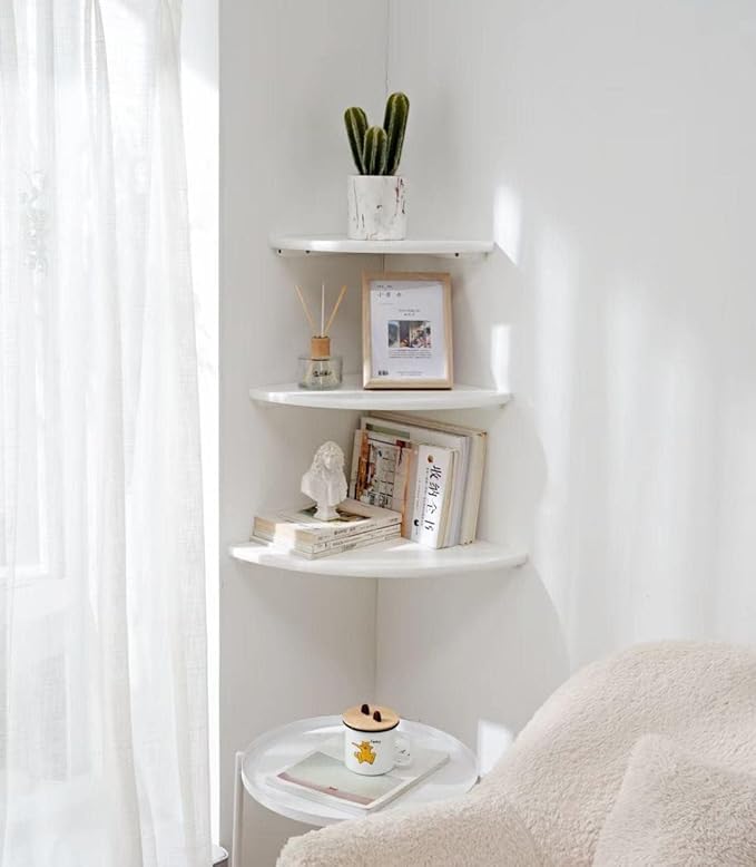 Corner Shelves, White Floating Corner Shelf, Set of 2 12inch Solid Oak Wood Wall Shelves, Round End Wall Mount with Wire Hole for Small Plant for Bedroom Kitchen, Living Room