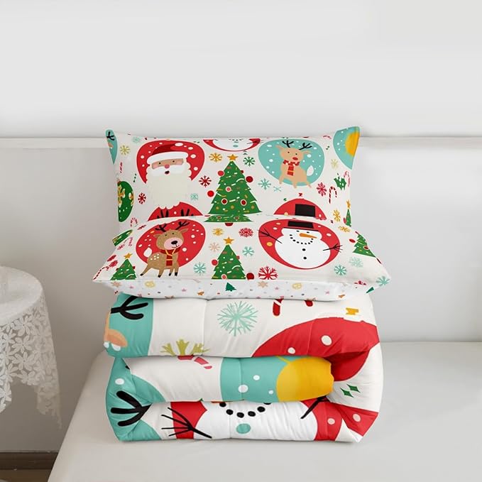 Feelyou Christmas Bedding Set Soft for Boys Girls, Santa Snowman Comforter Set Queen Size Deer Xmas Tree Duvet Quilt Microfiber Snowflake Bedroom Decor 3 Pcs with 2 Pillow Cases