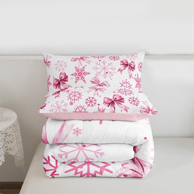Cute Bow Tie Kids Bedding Set Queen Size,Girly Bowknot Snowflake Dots Comforter Set,Merry Christmas Winter Princess Quilt Comforter,Pink White Bedroom Duvet Insert,2 Pillowcases
