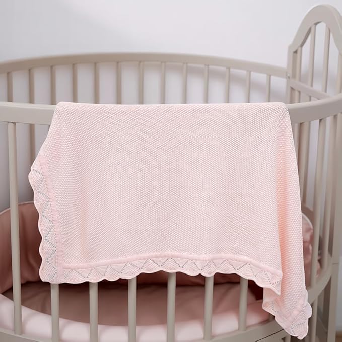 Baby Knit Blanket Soft Breathable Cotton Scallop Border Blankets Newborn Knitted Blanket Swaddle Blankets Gifts for Baby Newborn Toddler Shower Boy Girl New Mom Birthday Christmas Pink 30x30