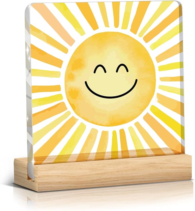 Sunshine gifts Inspirational Sun Sunshine Acrylic Sign Desk Decor, Pop Smiles Rustic Farmhouse Wooden Block Sign Decorations for Home Office Girls Dorm Room Nursery Playroom Wall Tabletop Shelf Decor