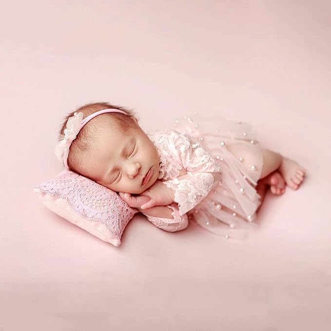 Newborn Lace Romper, 2 PCS Baby Girl Photography Props, Newborn Girl Photography Outfits with Flower Headband for Infants