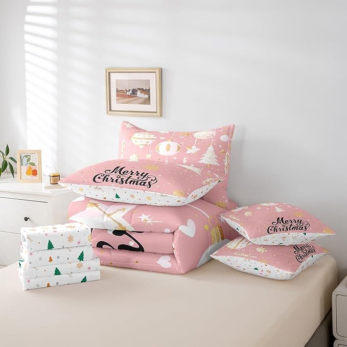 Feelyou Christmas Tree Bed Set for Children Kids Boys Girls Pink Xmas Theme Bed in a Bag Glitter Snowflake Star Comforter Set with Sheets Room Decor Bedding Set Queen Size