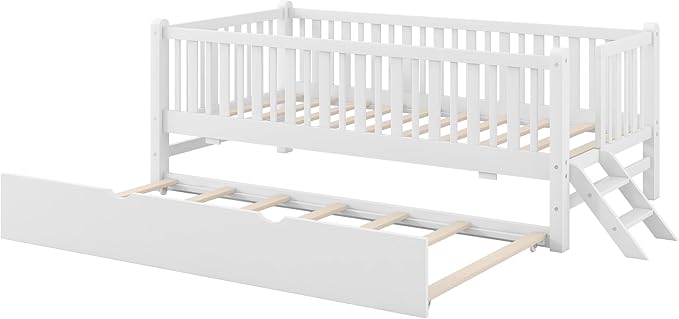 Twin Size Platform Bed with Guardrail and Trundle, Wood Kids Platform Bed Frame with Two-Step Ladder for Boys Girls, Sturdy Slats Support (White-1.26T)