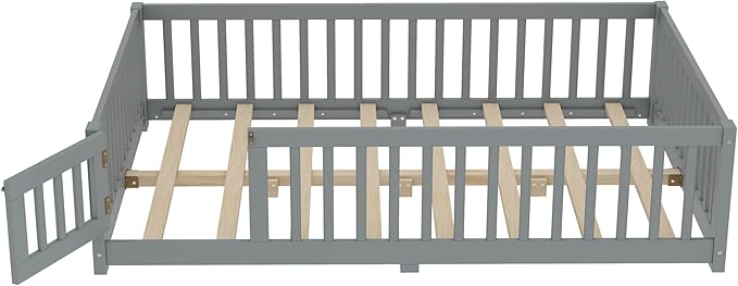 Harper & Bright Designs Full Floor Bed with Safety High Fence, Wood Montessori Bed with Door, Full Size Floor Beds with Solid Wood Support Slats for Boys, Girls, Kids, Gray