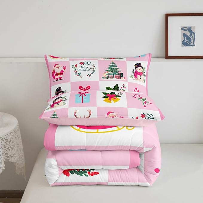 Erosebridal Merry Christmas Comforter Set for Kids Christmas Tree Quilt Full Size with 2 Pillow Cases Santa Claus Xmas Decor Bedding Set Kawaii Snowman Bedding Comforter Sets,Pink