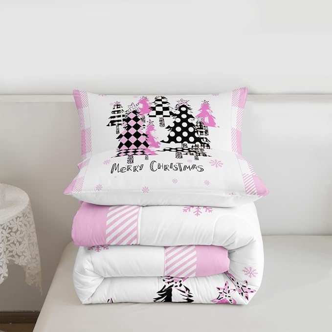 Manfei Xmas Trees Comforter Set King Size, Pink Plaid Grid Snowflake Down Comforter with 2 Pillowcases, Christmas Theme Bedding Set 3pcs for Kids Girls Adults Room Decor New Year Duvet Insert