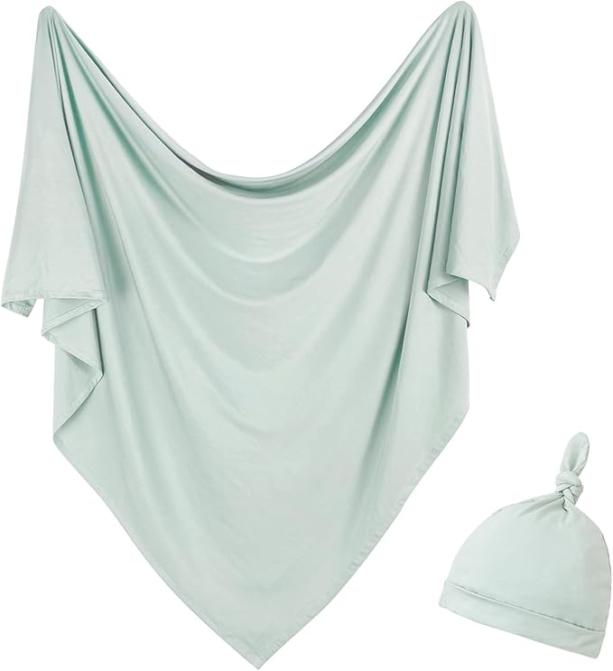 Newborn Swaddle Blanket with Hat Set Baby Swaddle Set Hospital Receiving Blankets for Girls Boys(Sage,35"*35")