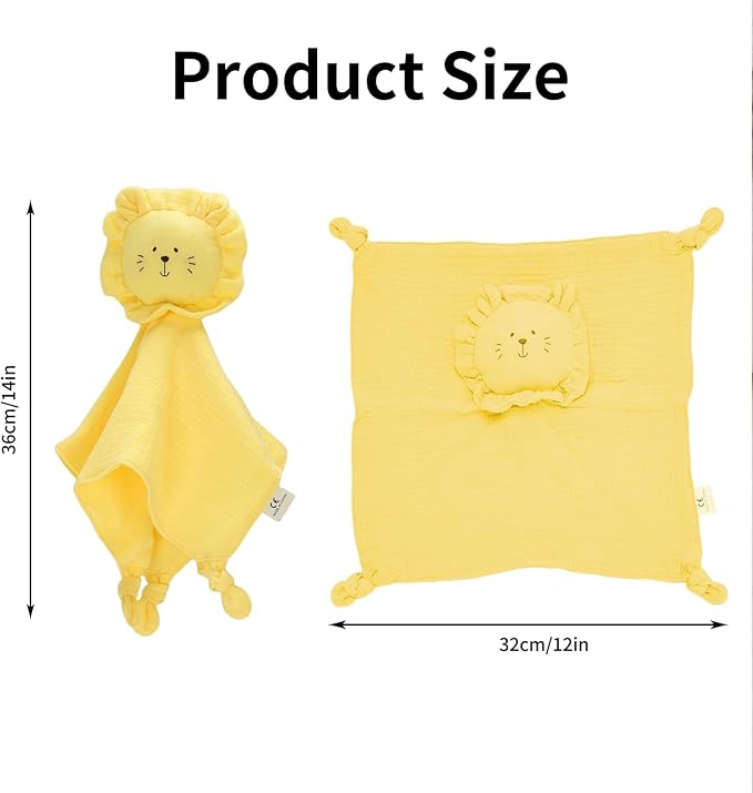 Little Rawr Organic Cotton Muslin Lion Loveys for Babies Baby Security Blanket Baby Snuggle Toy Newborn Essentials Must Haves(Lion-Yellow)