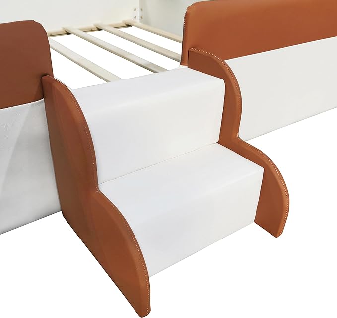 Merax Upholstered Kids' Daybed, Daybed Frame with Fence and Stairs, No Box Spring Needed, Queen Size, Brown+White