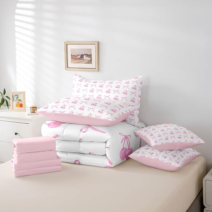7 Pieces Cherry Bowknot Kid Comforter Set Twin,Pink Bow Tie Butterfly Knot Princess Bedding Set,Cartoon Bow Patchwork Dreamy Sweet（Comforter+Fitted+Flat Sheet+2 Pillowcases+2 Throw Pillow Covers）