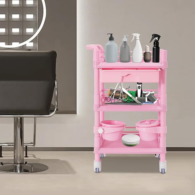 Medical Mobile Trolley Cart with 1 Drawers & 2 Trash Cans, 3 Tiers Portable Beauty Salon Rolling Trolley on Wheels, Medical Mobile Trolley Cart for Hospital Clinic Home, Pink