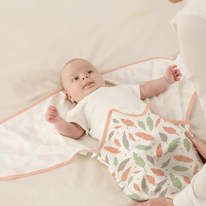 GLLQUEN BABY Swaddle Blankets for Baby Girls, 3-6 Months, Orange Pink Feather & Wave Point, 3 Pack Wrap Set, Newborn Adjustable Swaddles Sleep Sack, (Medium/Large)