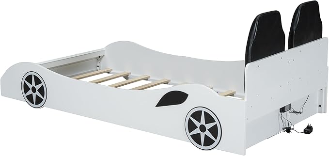 Bellemave Wood Twin Size Race Car-Shaped Platform Bed with LED and Upholstered Backrest, Kid's Platform Bed Frame with Race Car-Shaped and Safety Guardrails for Kids, Boys, Girls.(White)
