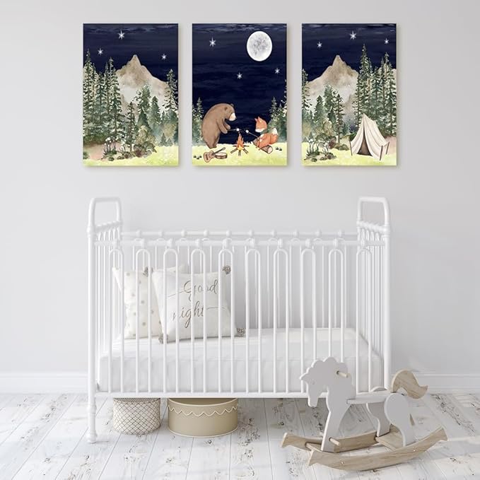 Camping Nursery Wall Decor, Bear Fox Nursery Print, Moon Night Woodland Nursery Decor, Watercolor Mountain Forest Wall Art, Set of 3 Nature Picture for Boy Girl Bedroom, Framed Canvas, 16"x24"x3