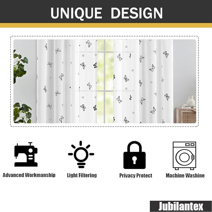 Jubilantex White Sheer Curtain Panels Black Butterfly Floral Pattern Design Drapes 63 Inches Long, Girls Kids Bedroom Textured Window Curtains Light Filtering Rod Pocket Top Drapery, Set of 2