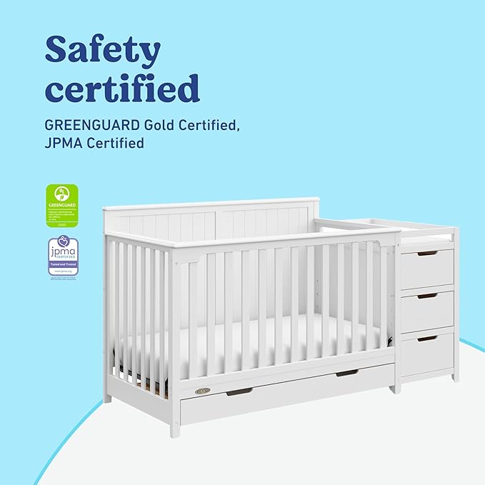 Graco Hadley 5-in-1 Convertible Crib & Changer (White) – GREENGUARD Gold Certified, Fits Standard Crib Mattress, Converts to Toddler Bed and Full Bed, 4 Adjustable Mattress Heights