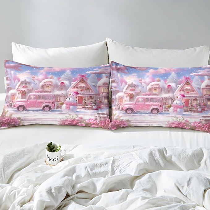 Manfei Christmas Duvet Cover Set Twin Size, Pink Truck Flower Snowman Bedding Set for Kids Girls Room Decor, New Year Theme Comforter Cover, Lightweight Bedspread Cover, 1 Pillowcase, No Comforter