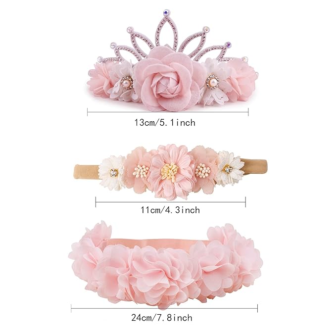 Baby Girl Floral Headbands- 3pcs Nylon Headband Handmade Flower Crown Elastic Hairband Newborn Toddler Hair Accessories Gifts for Girls （1-6 years old）