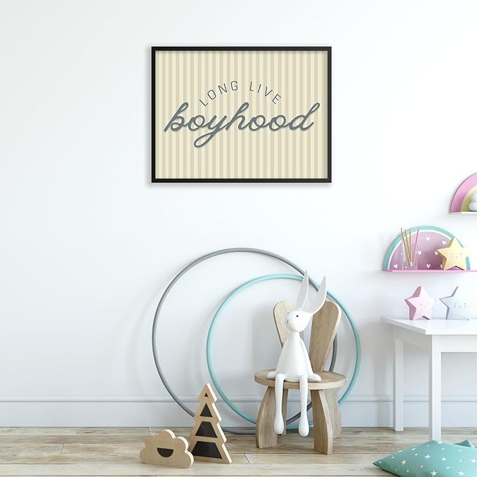 Long Live Boyhood Quote Wall Art Preppy Blue Stripe Poster 16x24 inch Black Framed Modern Fashion Minimalist Canvas Prints for Boy Nursery Bedroom Wall Decor