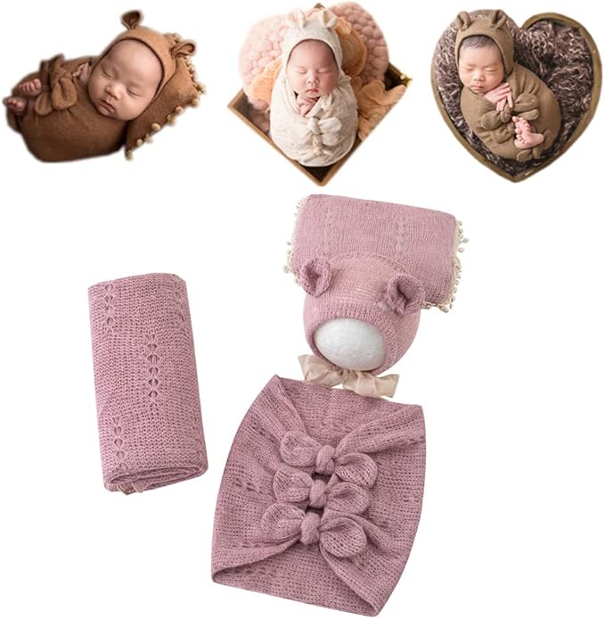 Vemonllas Newborn Baby Boy Girl Photography Props Bow Wrap, Posing Aid, Hat and Blanket Set of 4 Pcs