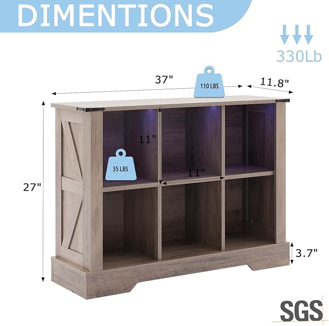6 Cube Storage Organizer, Wood Cube Bookshelf with LED Lights, Horizontal Storage Cubes, Kids Bookshelf, Display Cabinet Cubby Shelf for Living Room Home Office Bedroom, Grey