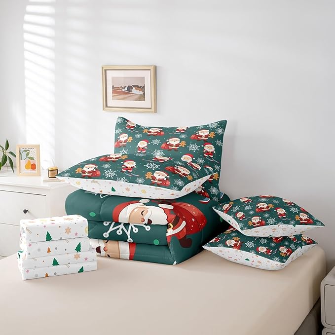 Erosebridal 7Pcs Cartoon Santa Claus Comforter Set King Size,Xmas Gingerbread Bedding Set,Christmas Snowboard Snowflake Bed in A Bag,Cute Christmas Ornaments Quilt with Flat Fitted Sheet
