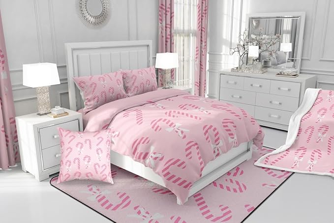 Feelyou Merry Christmas Comforter Set King Size Pink Candy Cane Bedding Set for Kids Boys Girls Bow Duvet Quilt Bedroom Decor Microfiber 3 Pcs with 2 Pillow Cases