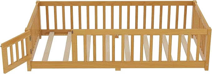 Bellemave Twin Size Floor Bed with Rails for Kids, Girls, Boys, Pine,Plywood Floor Bed with slats and Door, Natural