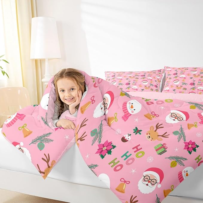 Feelyou Santa Claus Comforter Set Toddler Size Xmas Bedding Set for Kids Boys Girls Christmas Decor Duvet Quilt Happy New Year Bedroom Decor Microfiber 2 Pcs with 1 Pillow Cases