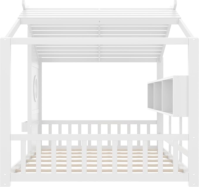 Full Size Floor House Bed with Roof and Window for Kids, Wooden Playhouse Bed with Storage Shelves for Bedroom Furniture Girls & Boys (White/L1, Full)