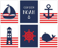 Andaz Press Personalized Ocean Nautical Sailor Theme Nursery Kids Bedroom Hanging Wall Art Decor, 8.5x11-inch, Red Stripes, Boat, Anchor, Lighthouse, 6-Pack, Custom Unframed Room Poster
