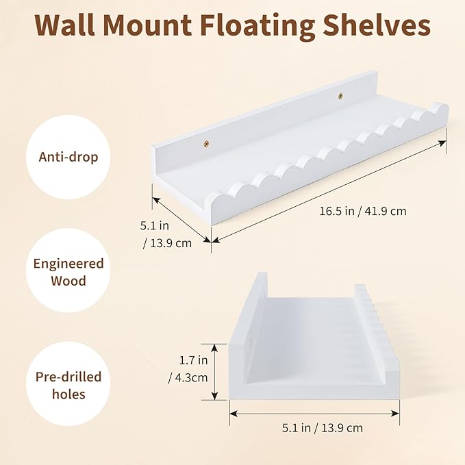 LinTimes Nursery Book Shelves, Set of 4 White Floating Scalloped Shelves for Wall, Rustic Wood Wall Mounted Shelves for Kids Bedroom, Toddler Room, Baby Room Decor, 7.94Lbs Capacity, 16.5 inch