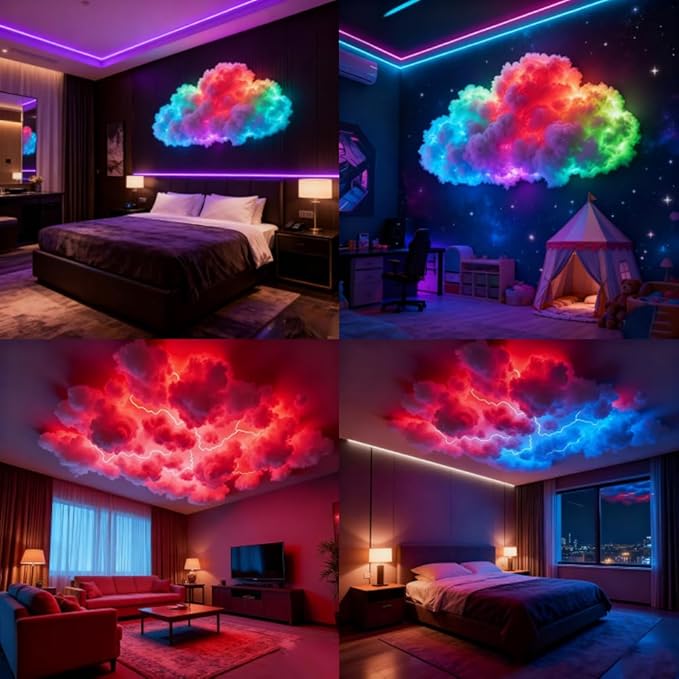 LED Cloud Light with Music Rhythm, 2025 New Cloud Lights for Ceiling,Bedroom,Gaming Room, Music-Sync Dynamic Lighting Effect, Cool Stuff for Boys, For Ceiling Bedroom Office Party (78.7in LED light)
