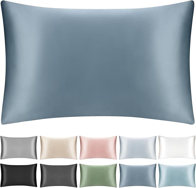 100% Mulberry Silk Pillowcase with Hidden Zipper,Both Sides Pure Silk Breathable Pillow Case for Hair and Skin,19 Momme Grade 6A,1pc,Ash Blue,Queen Size 20x30 Inches
