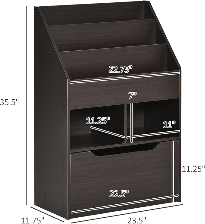 HOMCOM Kids Bookcase Multi-Shelf Rack Organizer with Storage Drawer for Books, Playroom, Brown