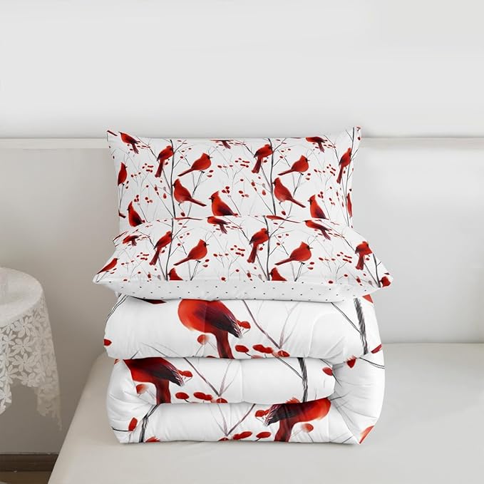 Feelyou Berries and Cardinals Pattern Comforter Set All Season Red Cardinal Bedding Set with 2 Pillow Cases Christmas Kids King Bedclothes Bird Print Decor Animal Decor Duvet Quilt Soft Lightweight