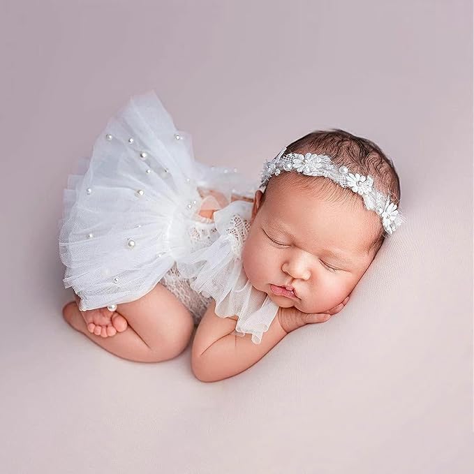 Newborn Lace Romper, 2 PCS Baby Girl Photography Props, Newborn Girl Photography Outfits with Flower Headband for Infants