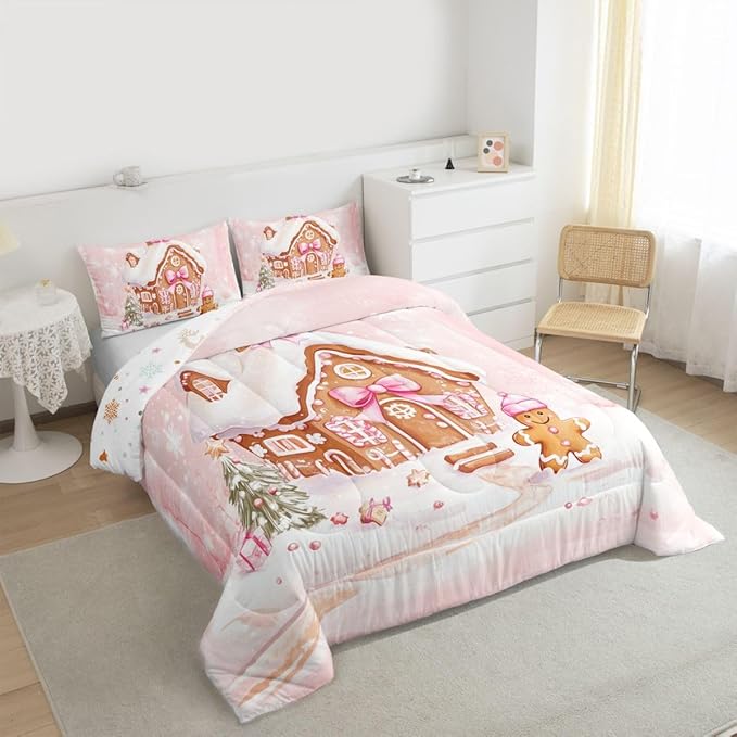 Feelyou Gingerbread House Kids Comforter Set Queen Size Gingerbread Man Bedding Set Christmas Tree Duvet Quilt for Kids Boys Girls Bedroom Pink Bow Decor Snowflake Microfiber Ultra Soft Breathable