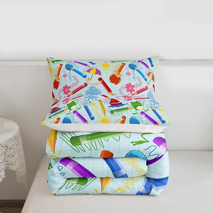 Feelyou Kids Cartoon Pencil Comforter Set Queen Size, Colorful Nursery Bedding Set Cute Crayon Comforter for Kids Boys Girls Funny Art Printed Duvet Set Durable Bed Set 3Pcs