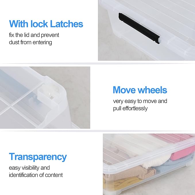 42 L 4 Packs Plastic Under Bed Storage Container with Lids, Clear Underbed Storage Bin with Wheels