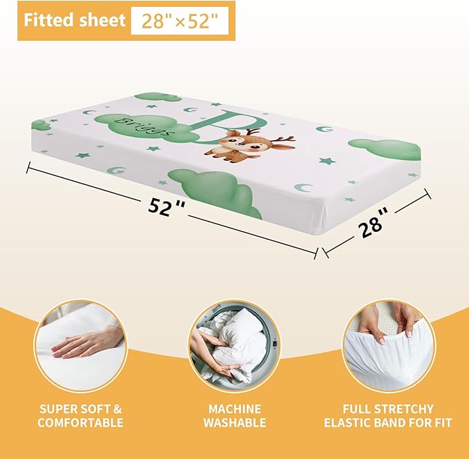 Personalized Crib Bedding Set, 5 Pcs Custom Nursery Bedding Sets with Name, Infant Bedding Set for Baby Girl Boy, Green Deer Double Layer Baby Crib Set, Toddlers Babies Kids Customized Gifts