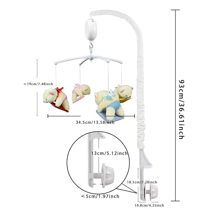 Baby Crib Mobile for Girls & Boys- Baby Mobile for Crib with 12 Lullabies, Hanging Plush Bear Toys & Nursery Decor, Crib Toys Hanging for Newborns