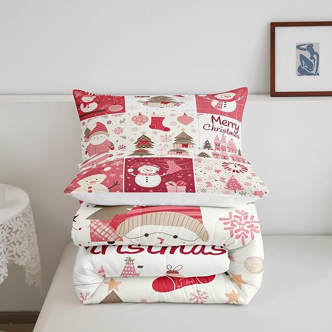 Christmas Tree Comforter Set Twin Size,Merry Christmas Bedding Set for Kids Boys Girls Room Decor,Snowman Christmas Tree Snowflake Quilt Set 2Pcs,Cartoon Plaid Patchwork Duvet Insert,1 Pillowcase