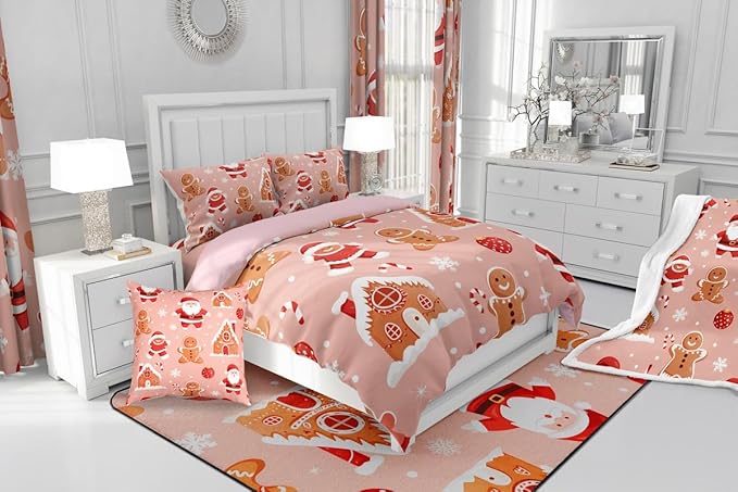 Feelyou Christmas Kids Comforter Set Queen Size Santa Bedding Set Gingerbread Man Duvet Quilt for Kids Boys Girls Bedroom Snowflake Decor Microfiber Ultra Soft Breathable