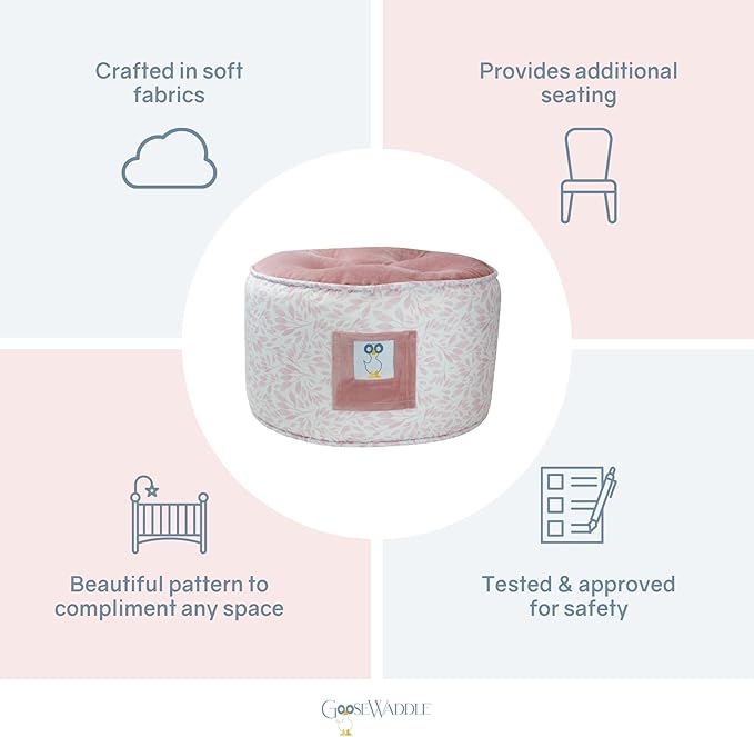 GooseWaddle Soft and Comfortable Kids Ottoman Toddler Pouf Seating for Your Little One's Playroom or Nursery (Hearts Light Pink)